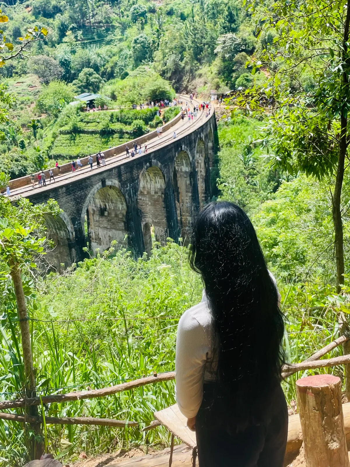 A traveller looking down at the Nine Arch Bridge in Ella from the hillside